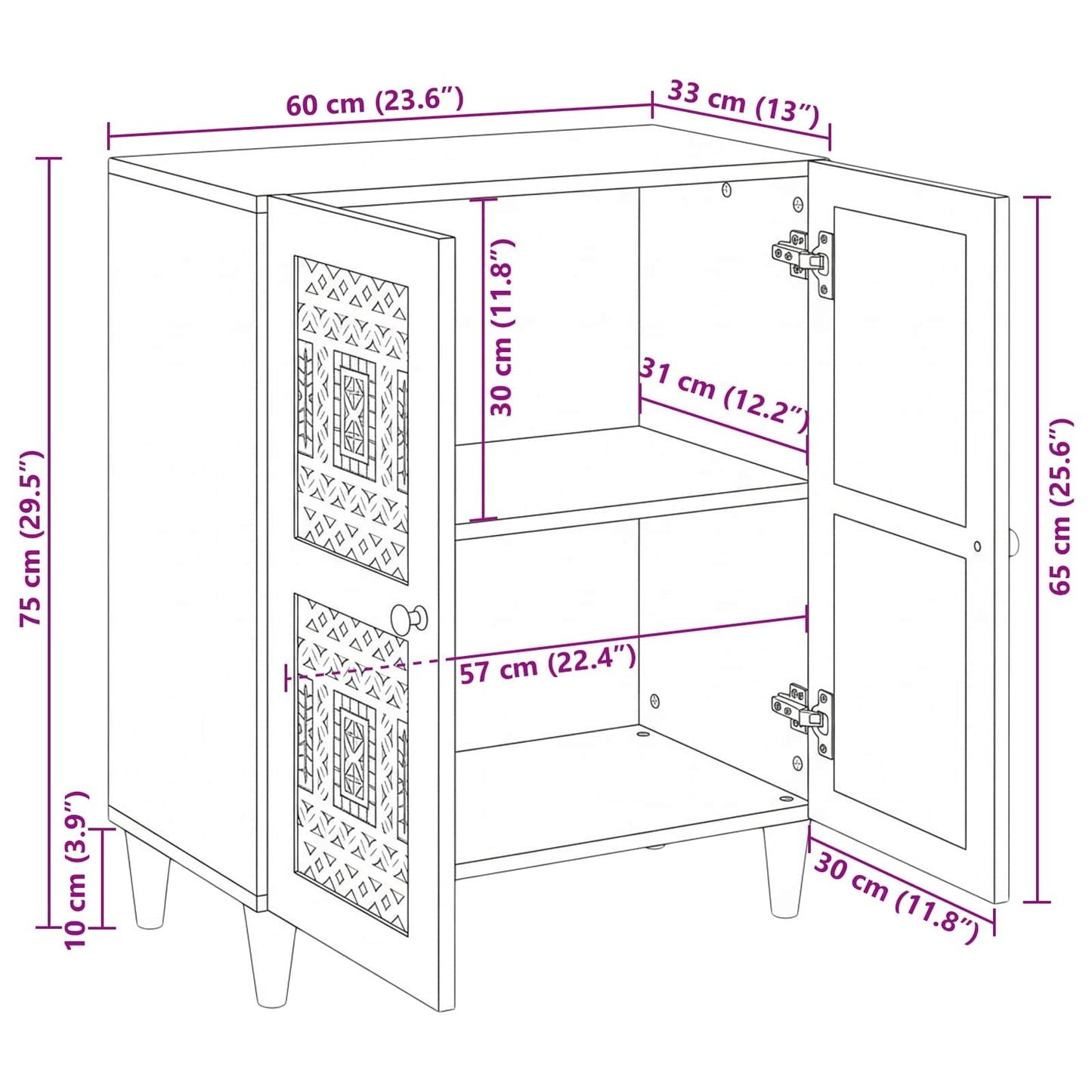 Dressoir Wit 60 X 33 X 75 Cm Massief Mangohout