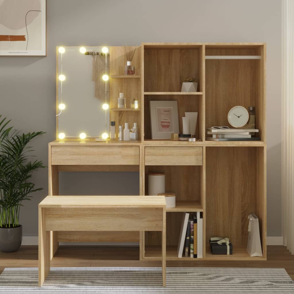 Kaptafelset Met Led-Verlichting Bewerkt Hout Artisanaal Eiken