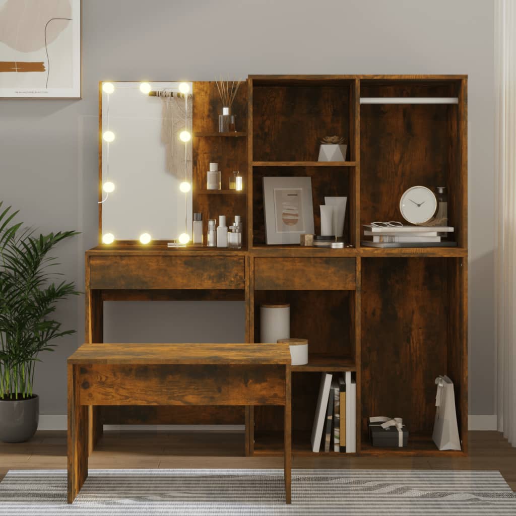 Kaptafelset Met Led-Verlichting Bewerkt Hout Artisanaal Eiken