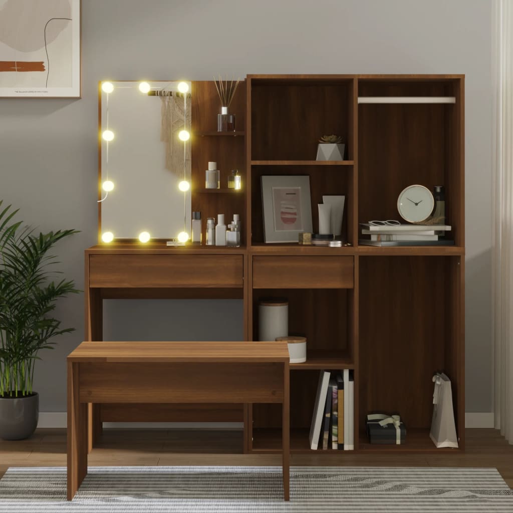 Kaptafelset Met Led-Verlichting Bewerkt Hout Artisanaal Eiken