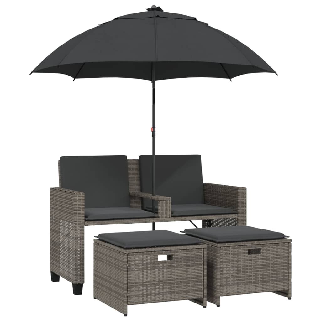 Tuinbank 2-Zits Met Parasol En Voetenbanken Poly Rattan