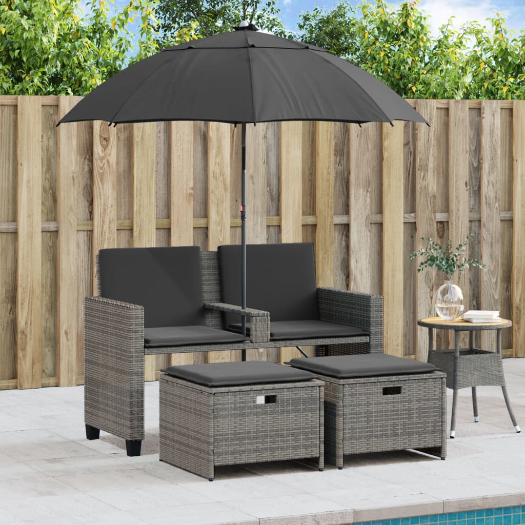 Tuinbank 2-Zits Met Parasol En Voetenbanken Poly Rattan