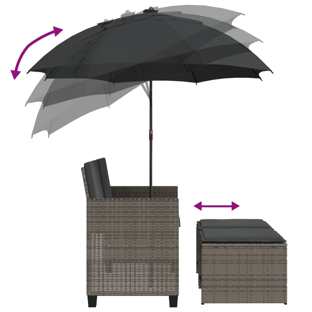 Tuinbank 2-Zits Met Parasol En Voetenbanken Poly Rattan