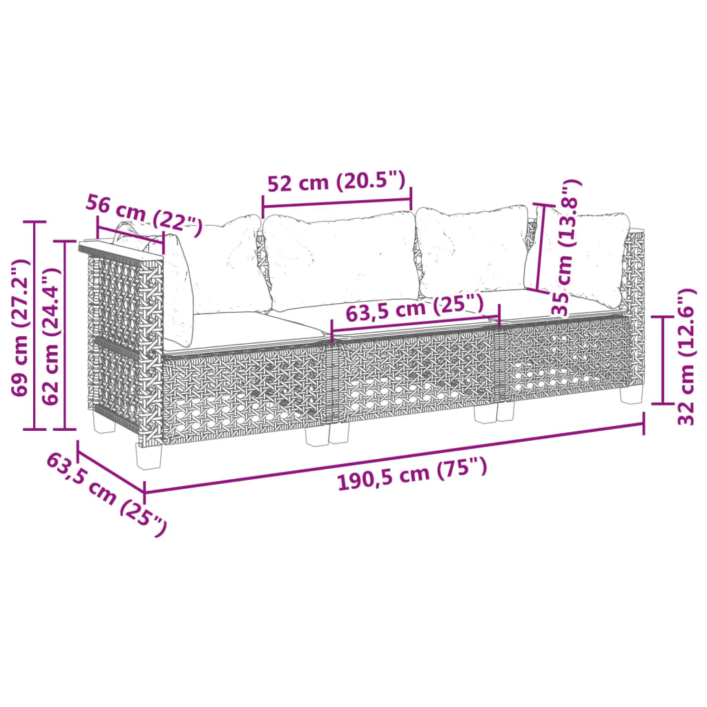 Tuinbank 3-Zits Met Kussens Poly Rattan