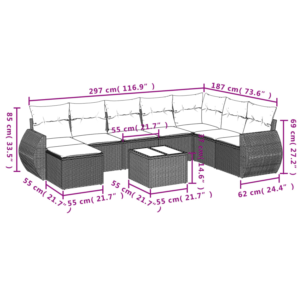 9-Delige Loungeset Met Kussens Poly Rattan