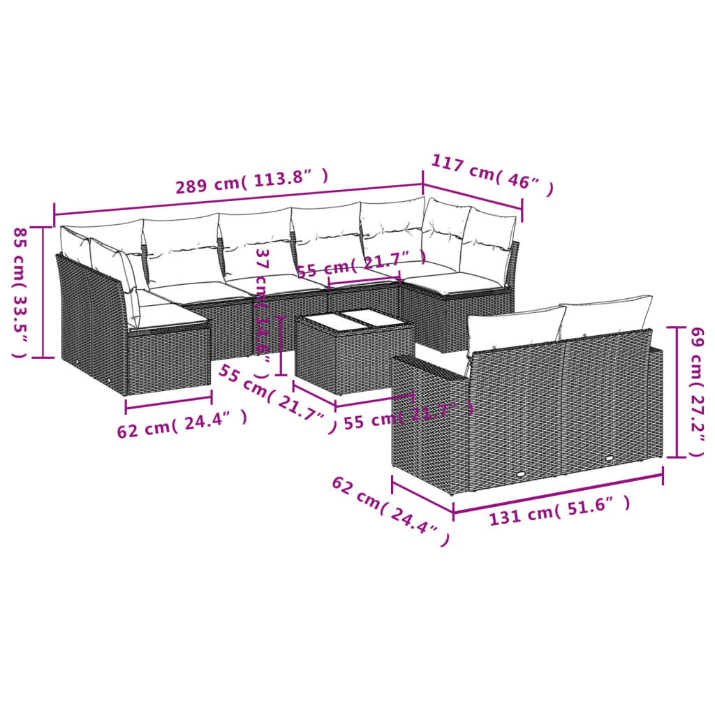 10-Delige Loungeset Met Kussens Poly Rattan