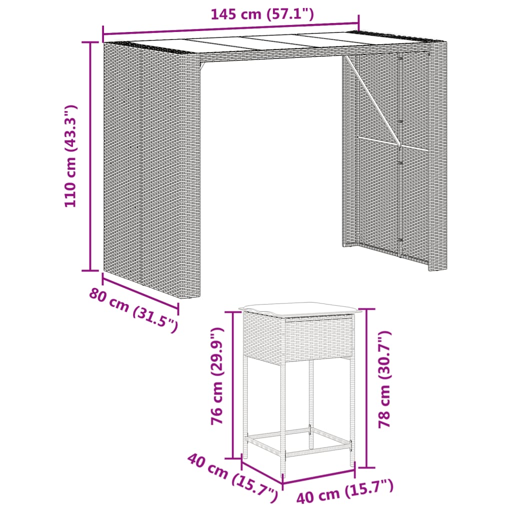 7-Delige Tuinbarset Met Kussens Poly Rattan
