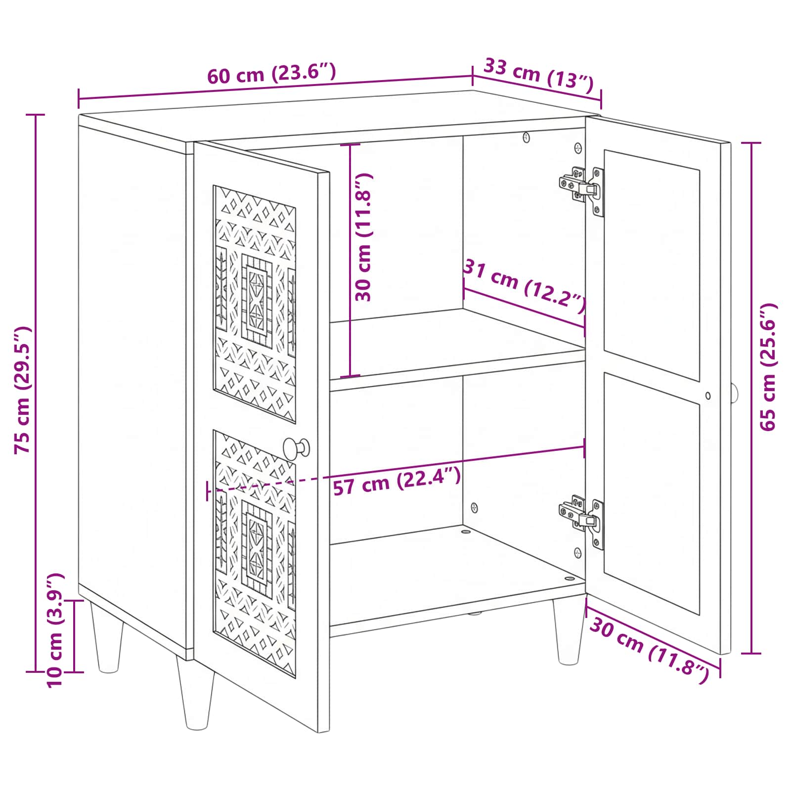 Dressoir Wit 60 X 33 X 75 Cm Massief Mangohout