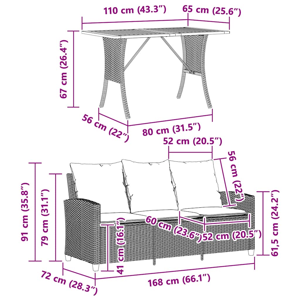 Tuinbank 3-Zits Met Kussens & Tafel Poly Rattan